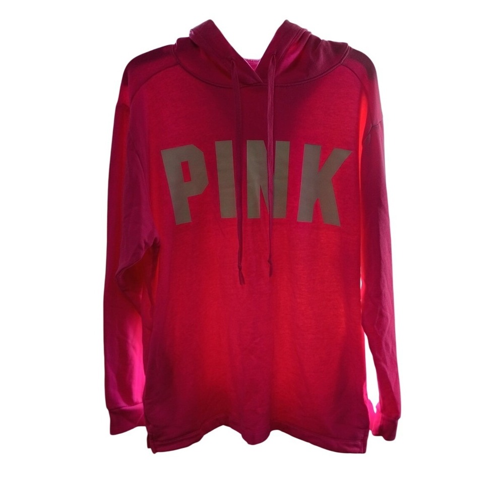 Victorias Secret PINK Pullover Hoodie Neon Pink White Logo Sweatshirt Medium